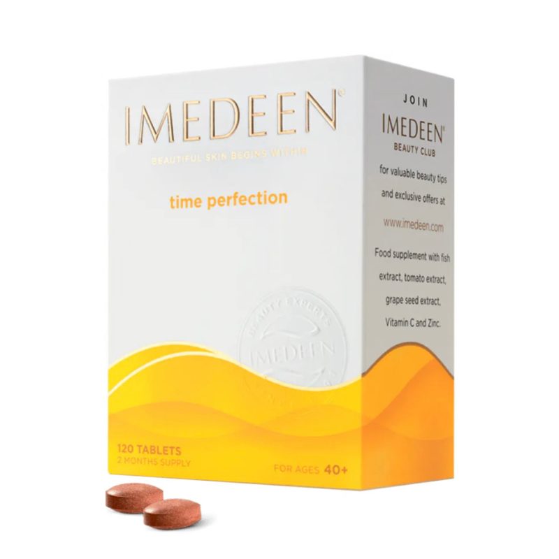 مکمل ضد پیری ایمدین تایم پرفکشن ۴۰+ حاوی کمپلکس دریایی، ویتامین C، زینک و عصاره گوجه‌فرنگی و انگور، مناسب کاهش چین‌وچروک، بهبود رطوبت و قوام پوست از درون